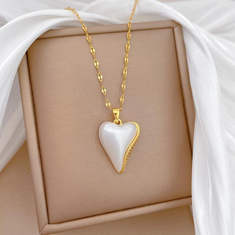 Trendy Simple Imitation Pearl Love Heart Pendant Necklace for Women Stainless Steel Chain Heart Jewelry Accessory Gifts