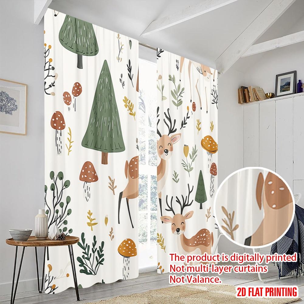 2pcs,2D Plane Printing Print Curtains Cute Woodland Animals Forest Seamless Durable 100% Polyester Fabric (without Rod)