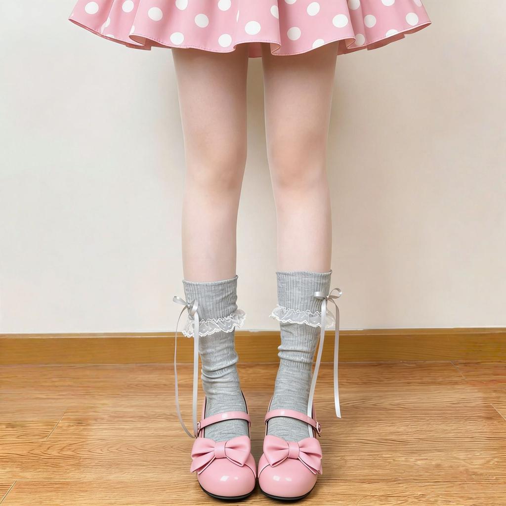 Original Japanese-style Lolita Thin Mid-Calf Knitted Polyester Tube Socks Bows Lace Design Breathable Anti-Bacterial Daily