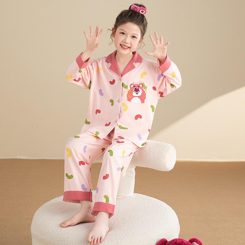 Autumn Long Sleeve Cartoon Pajamas Set for Girls - Cardigan Style, Wear Indoors or Out
