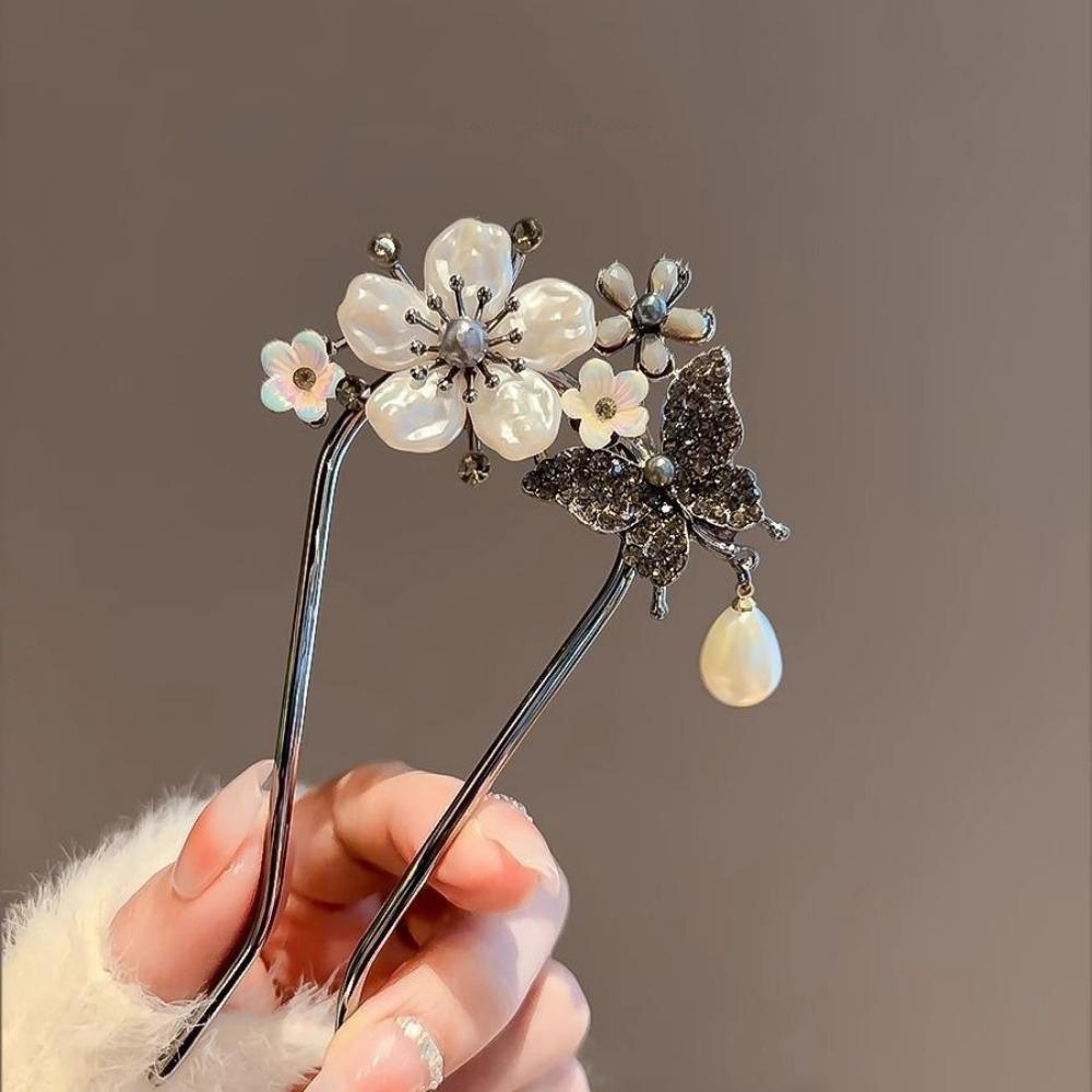 Fashion Chinese Style Flower Butterfly Hairpin Chopsticks Women Elegant U Shape Sticks Headwear Hanfu Hair Accessories Jewelry