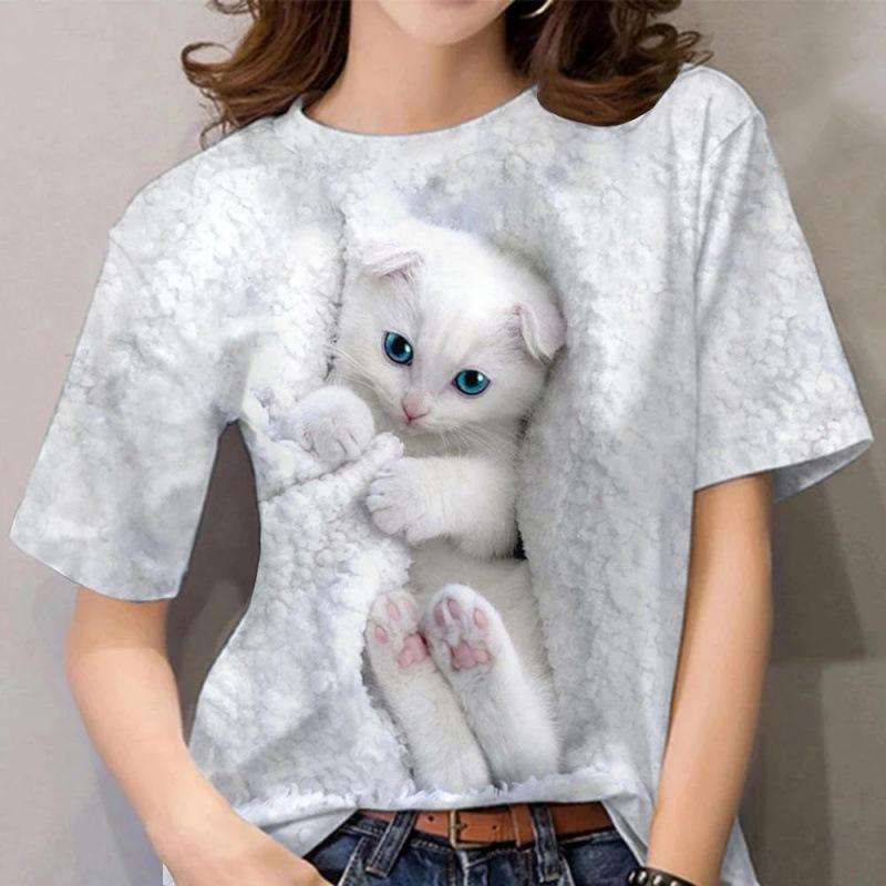 Summer Women's Short Sleeved T-shirt Cute Cat 3D Printed Fashionable Loose Casual Round Neck T-Shirts Women’s