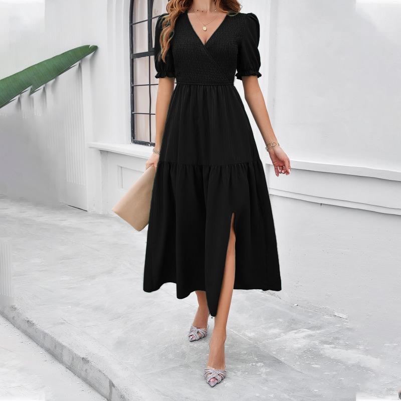Summer Women's Dress Temperament Solid Color V-neck Short-sleeved Long Dress