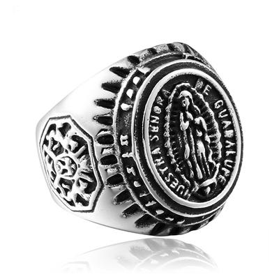 Vintage Silver Virgin Ring Bicycle Blessing Náboženský prsten Pánské šperky Talisman dárek