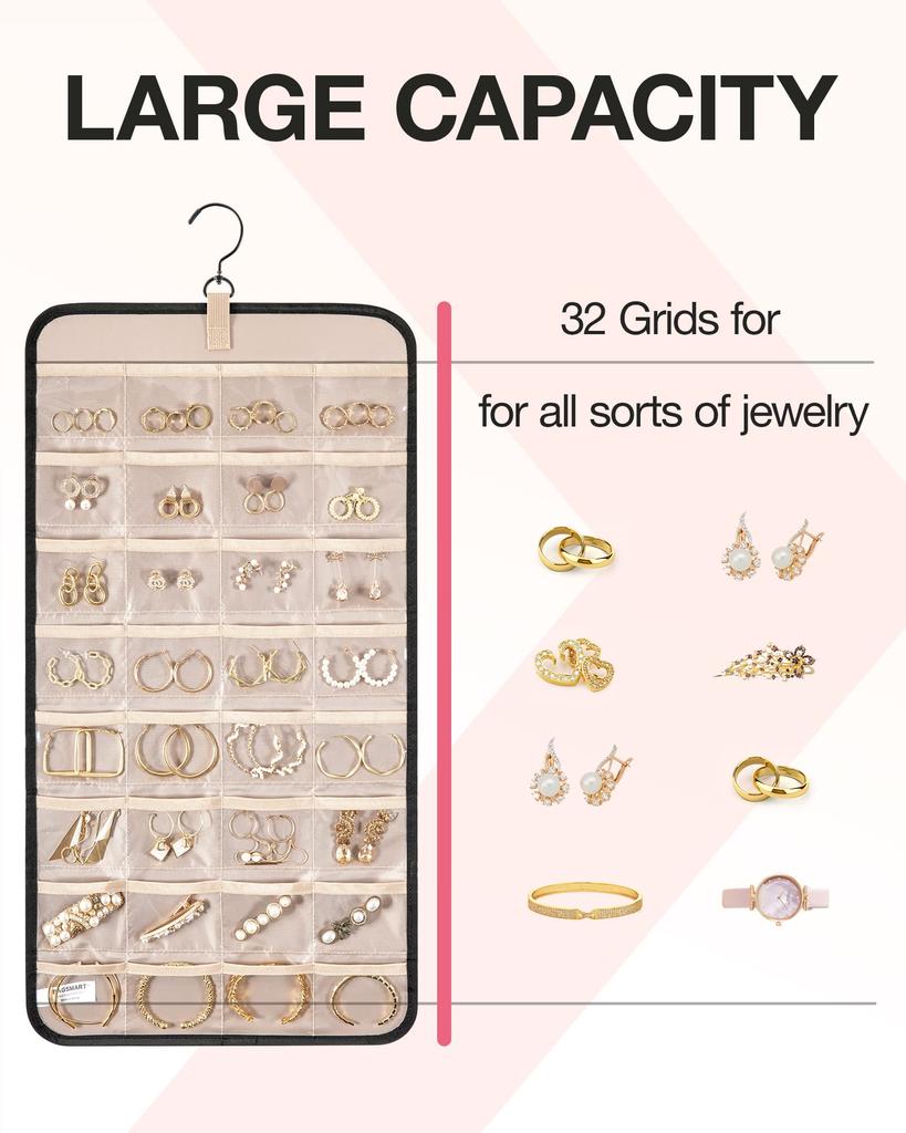 BAGSMART Hanging Jewelry Storage Roll with Metal Jewelry Holder for Medium Black Organizer, Hanger, Hook, Double-Sided Earrings, Necklaces, Rings,