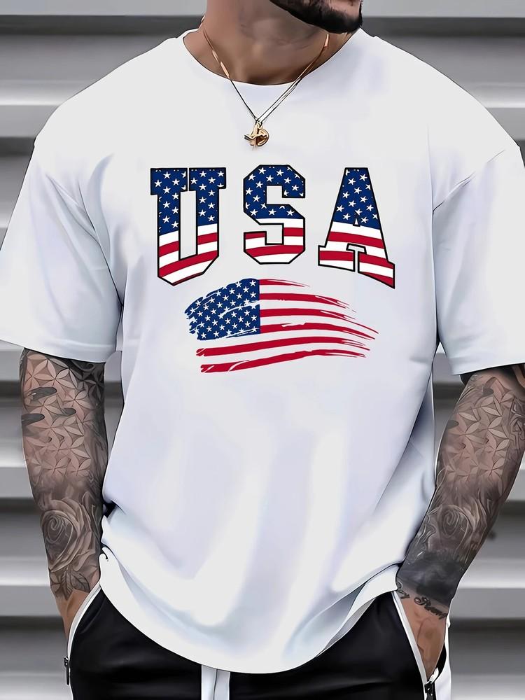 1 pc 100% cotton T-shirt American Letter American Flag Print T-shirt Unisex T-Shirt S