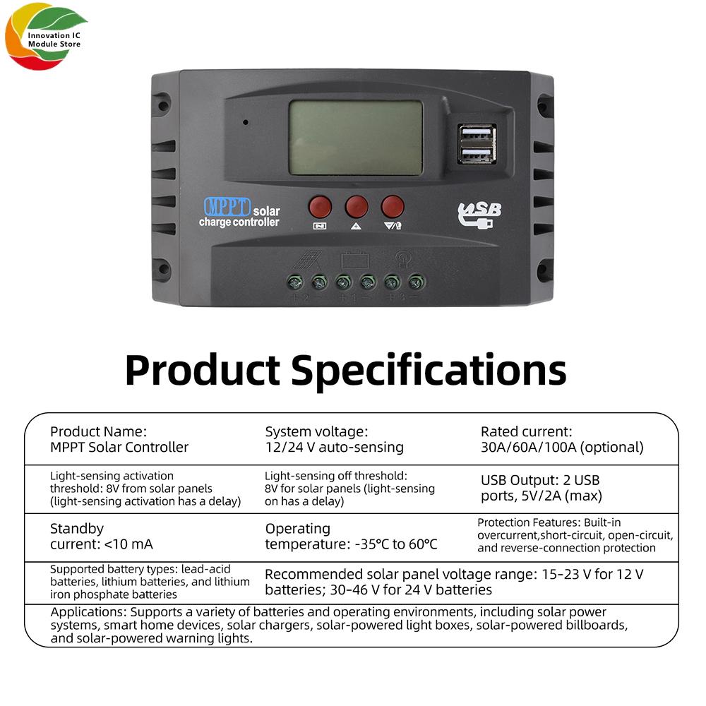 MPPT Solar Charge Controller 12V/24V Auto-Adaptive LCD Display with Dual USB Ports for Solar Panels and Batteries
