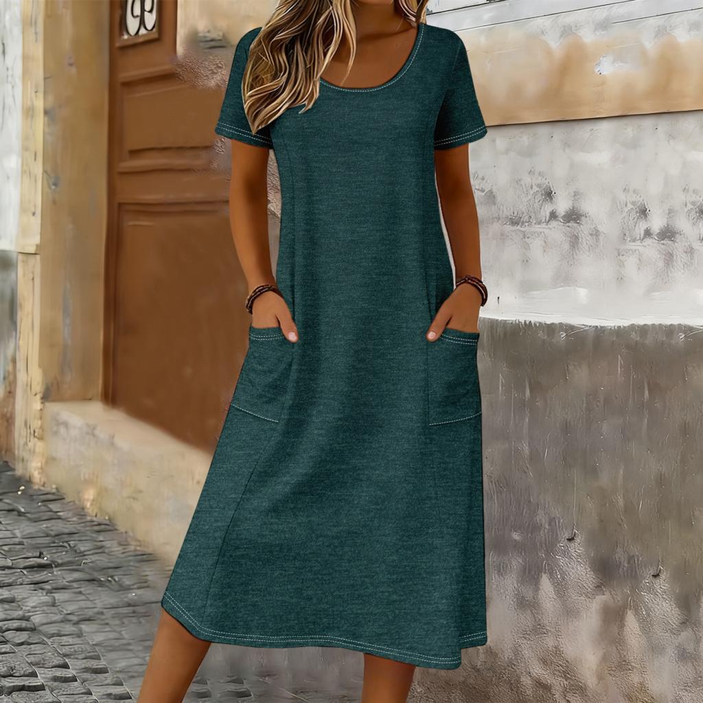Women Casual Loose Fit Crew Neck Short Sleeve Midi Dress with Pockets Soft Fabric Comfortable Everyday Wear Suitable for Various Occasions