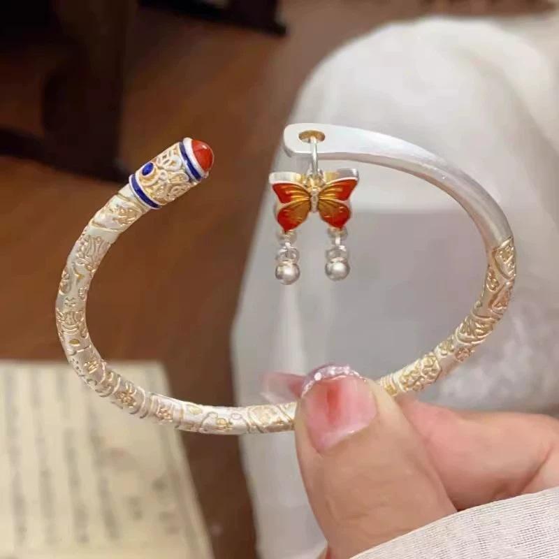 Auspicious Word Bracelet Vintage Gold-painted Enamel Bracelet Butterfly Pendant Bracelet New Chinese Style National Trend Minimalist Design Style