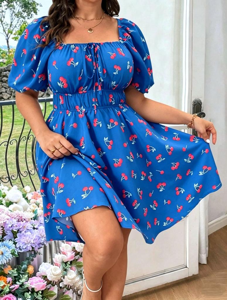 Print Dress Short Sleeve Cherry Print Large Size Dress