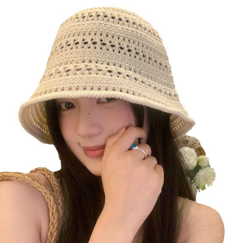 Japanese Solid Color Knitted Hollow Fisherman'S Hat Children Spring And Summer Breathable Sunshade Sunscreen Hat Basin Hat
