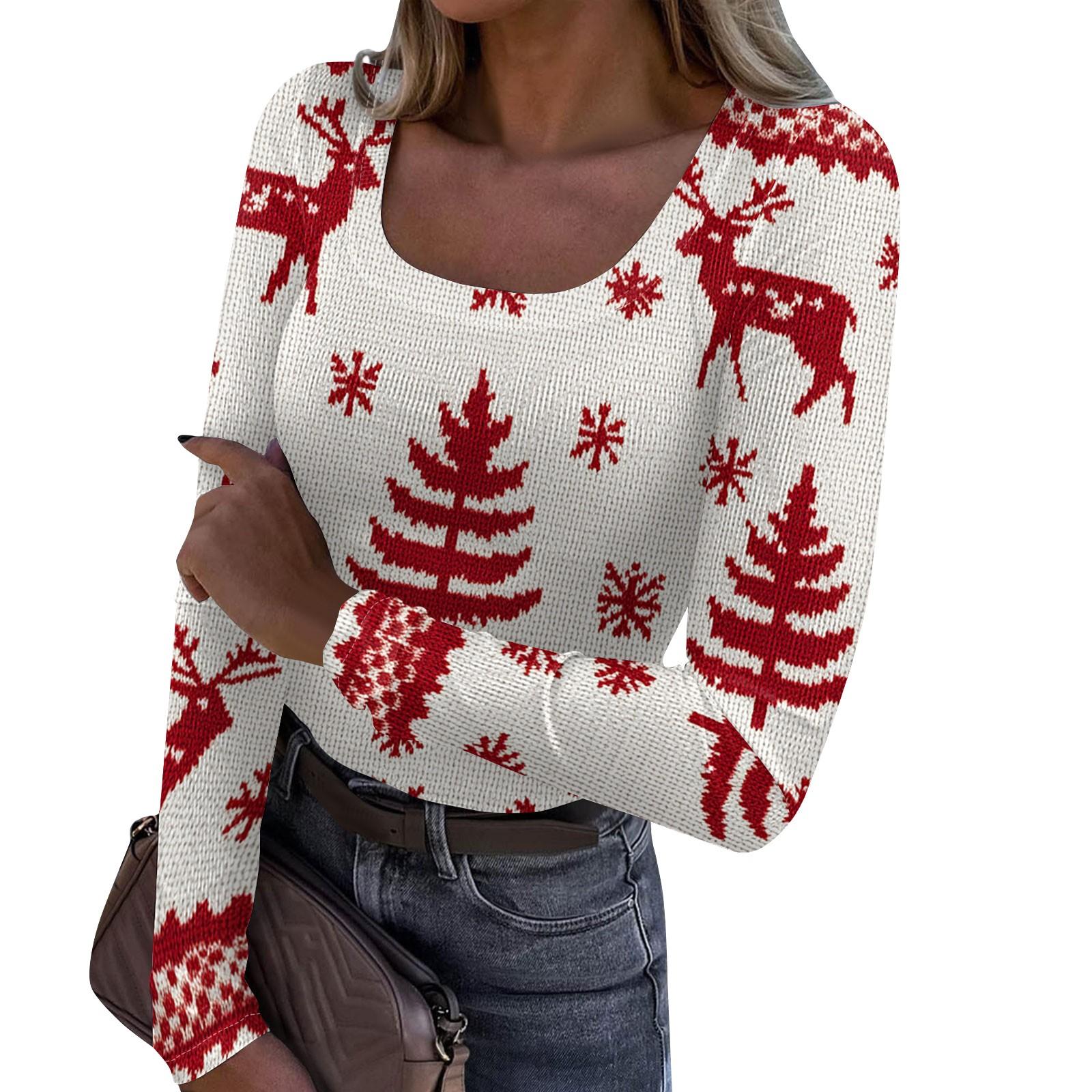 

Женская мода Slim Bottom Casual с длинным рукавом и рождественским принтом пуловер с U-образным вырезом M