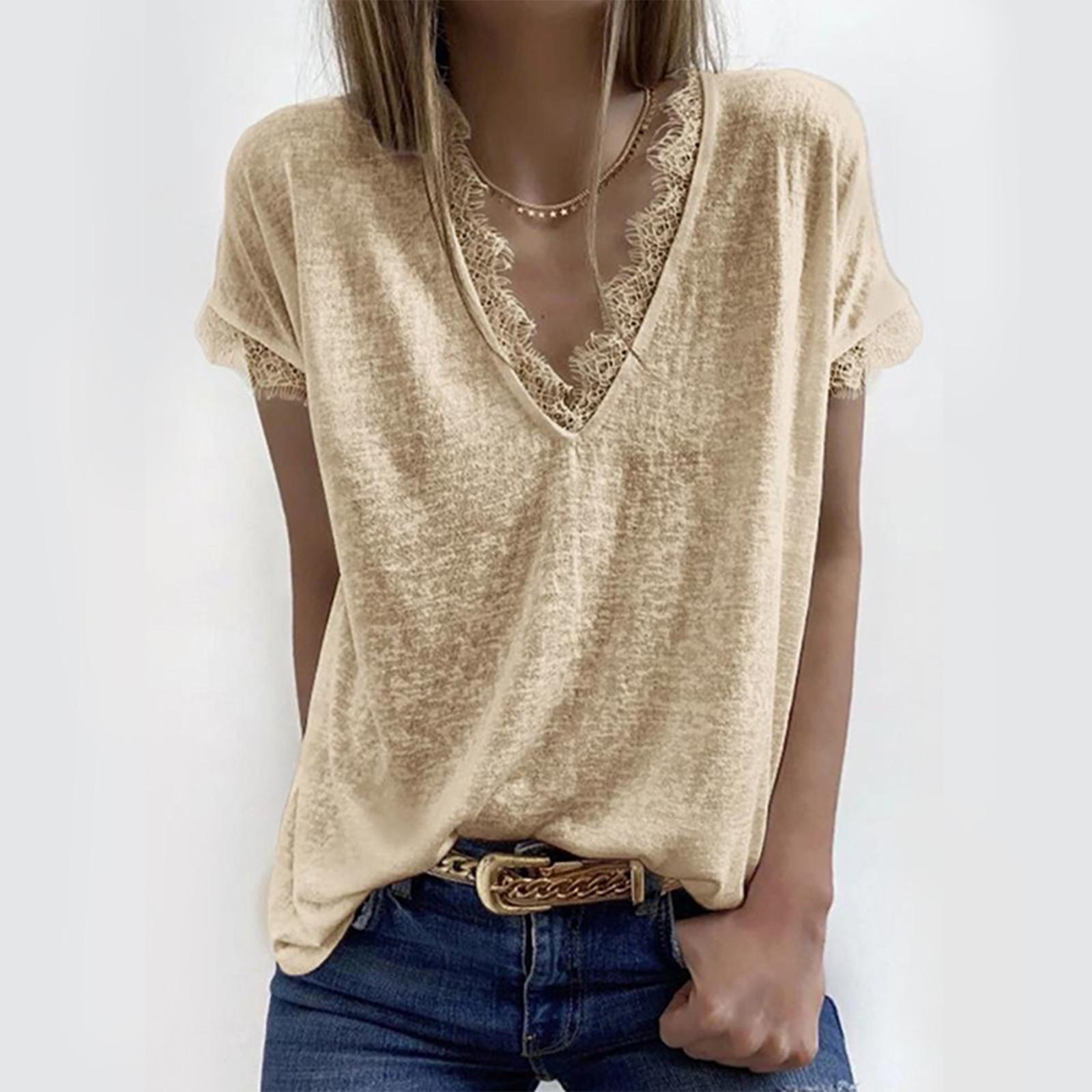 

Женские летние футболки с V-образным вырезом, однотонные, с коротким рукавом, кружевной вставкой, графическая блузка S хаки
