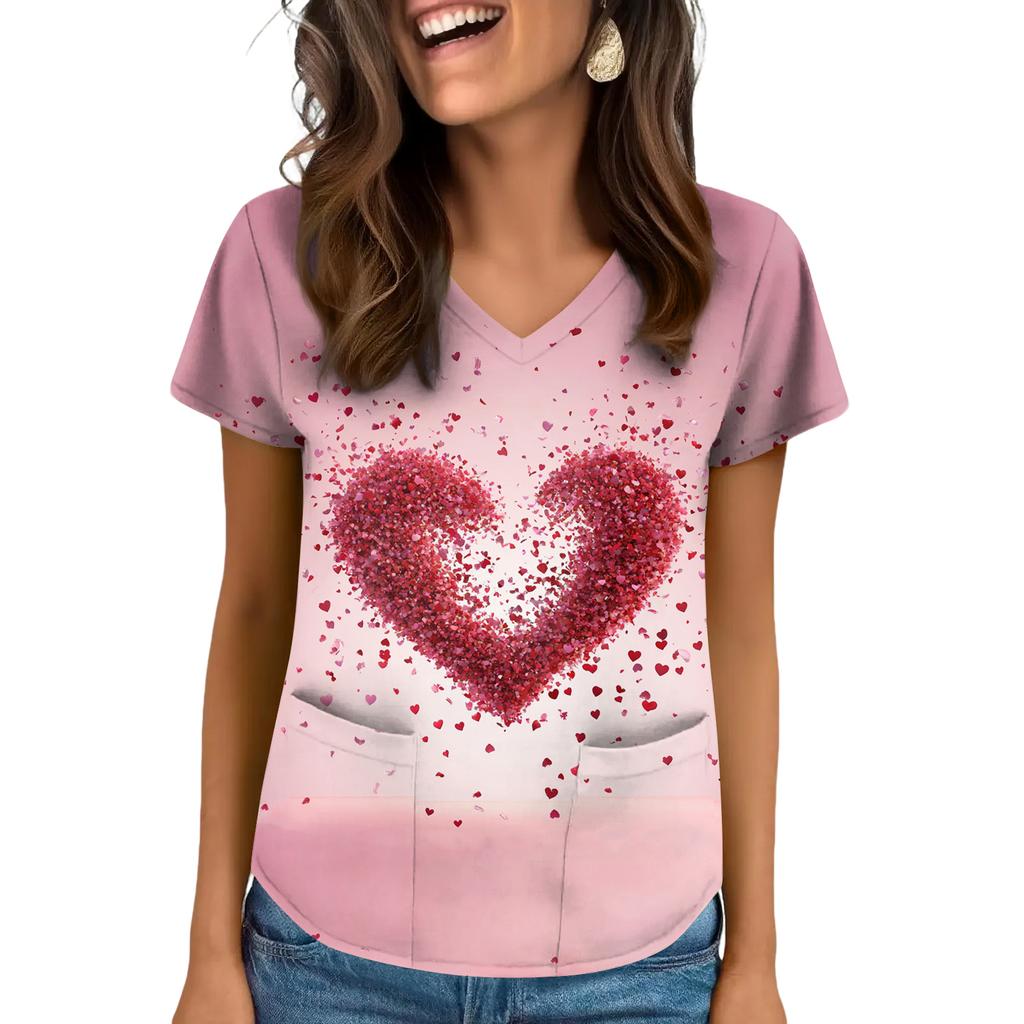 Women's V-neck Valentine's Day Printed Short-sleeved Top With Pockets And Side Slits, Suitable For Caregivers.