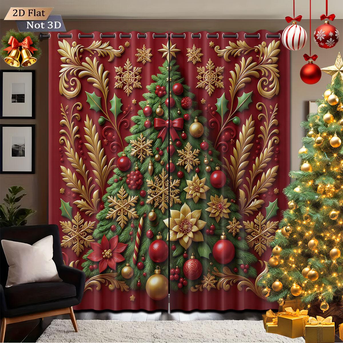 

2pcs red Christmas tree print blackout curtains insulation multiple sizes for living room holiday decoration machine washable 100*130 Rod Pocket 1pcs