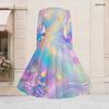 Women Plus Size V Neck Long Sleeve Printed Pastel Galaxy Tie Waist A Line Flared Dress