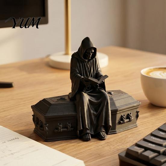 Collectible Gothic Figurines 3D Printed Reading Skeleton Figurine, Hooded Reader Statue, Creative Bedroom Decorations Spooky Desktop Ornament for Home