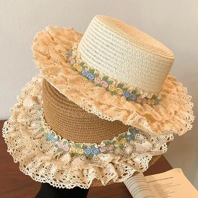 Lace Flower Wide Brim Bucket Hat Summer Straw Sun Hat Lolita Sunshade Hat  Women Girls