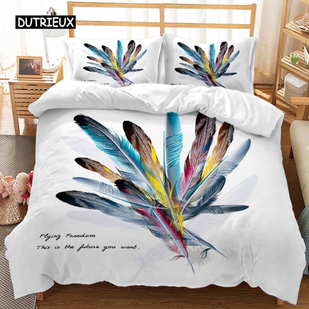 Feather Duvet Cover Vaned Types and Natal Contour Flight Bird Feathers Animal Skin Element Print King Size Polyester Qulit Cover