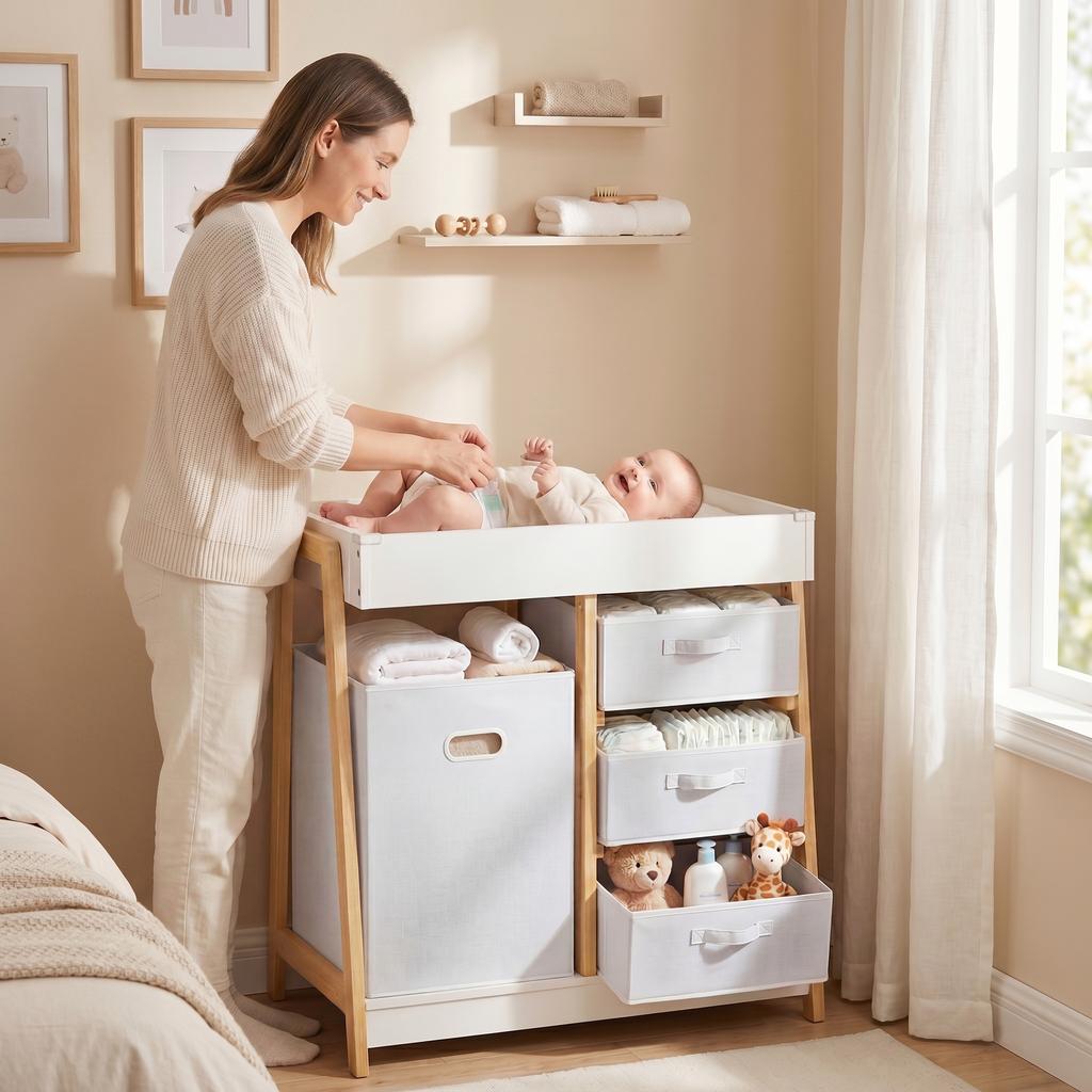Baby Changing Table, Baby Changing Unit with 3 Drawers, Large Basket and Waterproof Pad for Bedroom Nursery, White