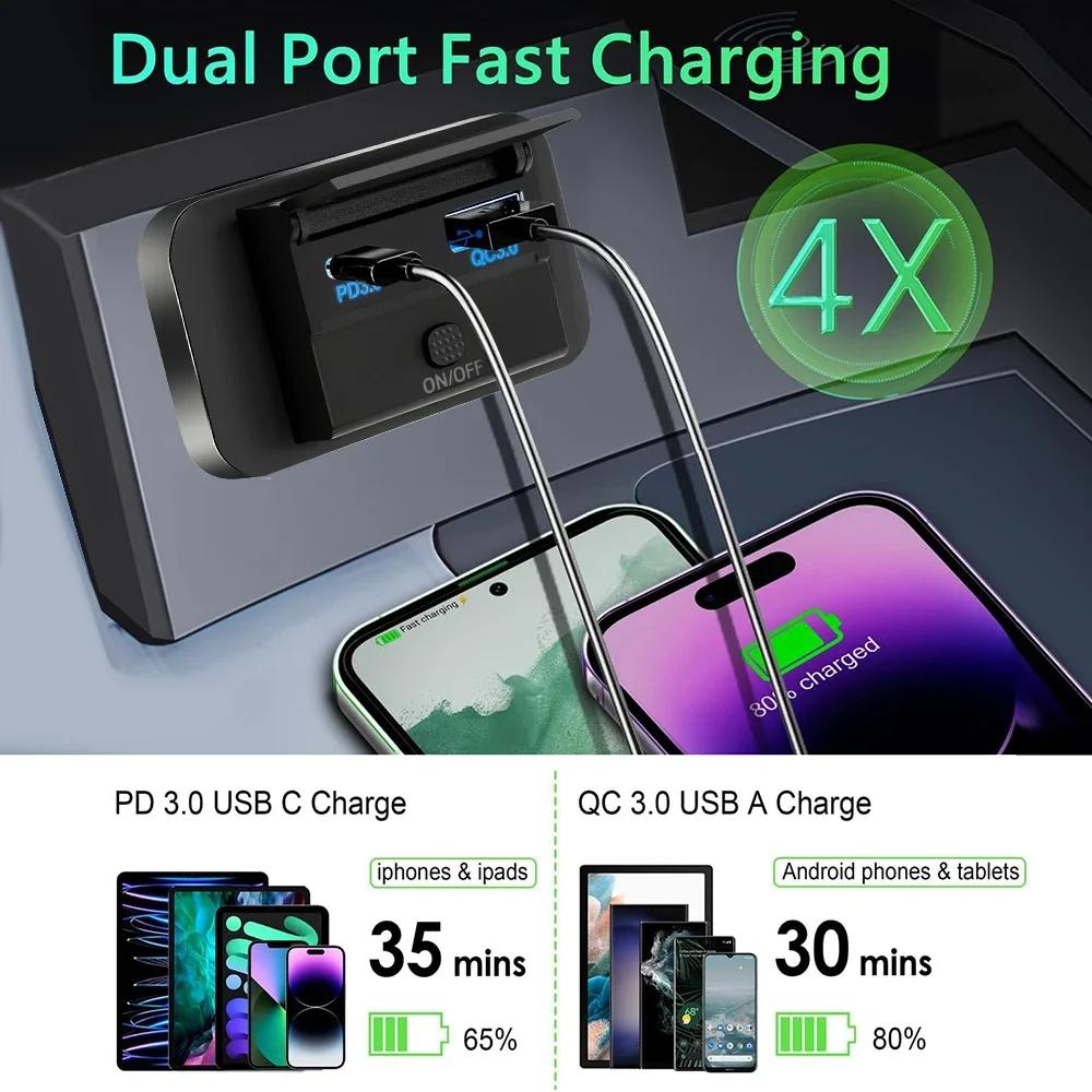 12V-24V Zásuvka nabíječky do auta PD 30W a QC 3.0 18W USB C Duální porty Rychlonabíjecí zásuvka Panel s tlačítkovým spínačem pro RV Loď Auto