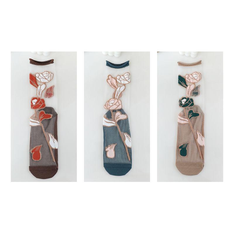 1/3/5/10 Pairs See Through Transparent Nylon Long Socks Women Summer Ultra-thin Breathable Crystal Silk Socks Embroidery Floral Cute Lace Socks