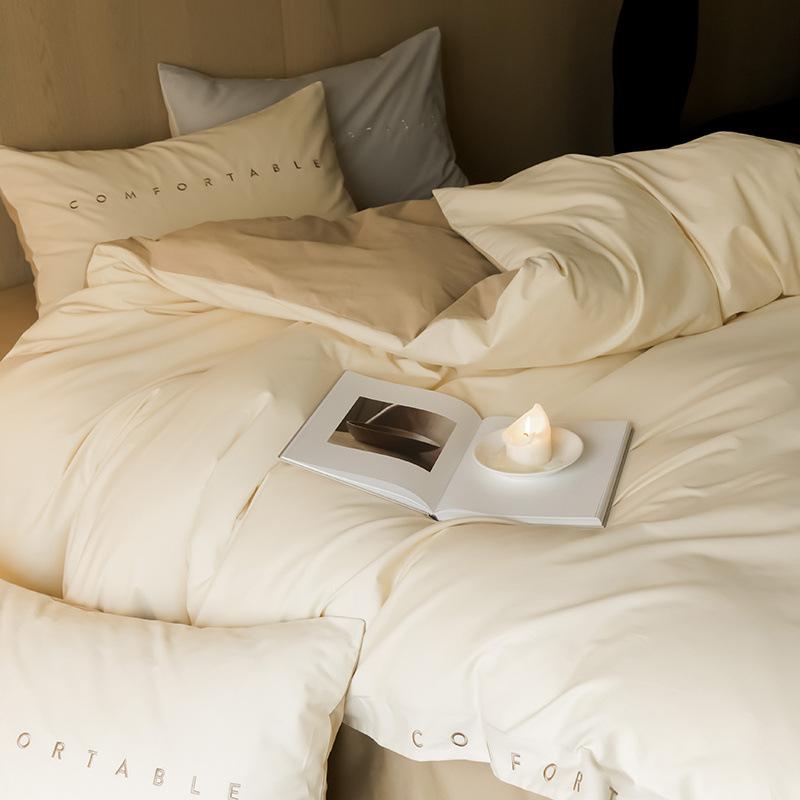 Class A Maternal And Infant Grade Simple Double Spell Light Luxury Abraded Cotton 4Pcs Set Pure Cotton Embroidered Quilt Cover Bed Sheet 3-Piece Set