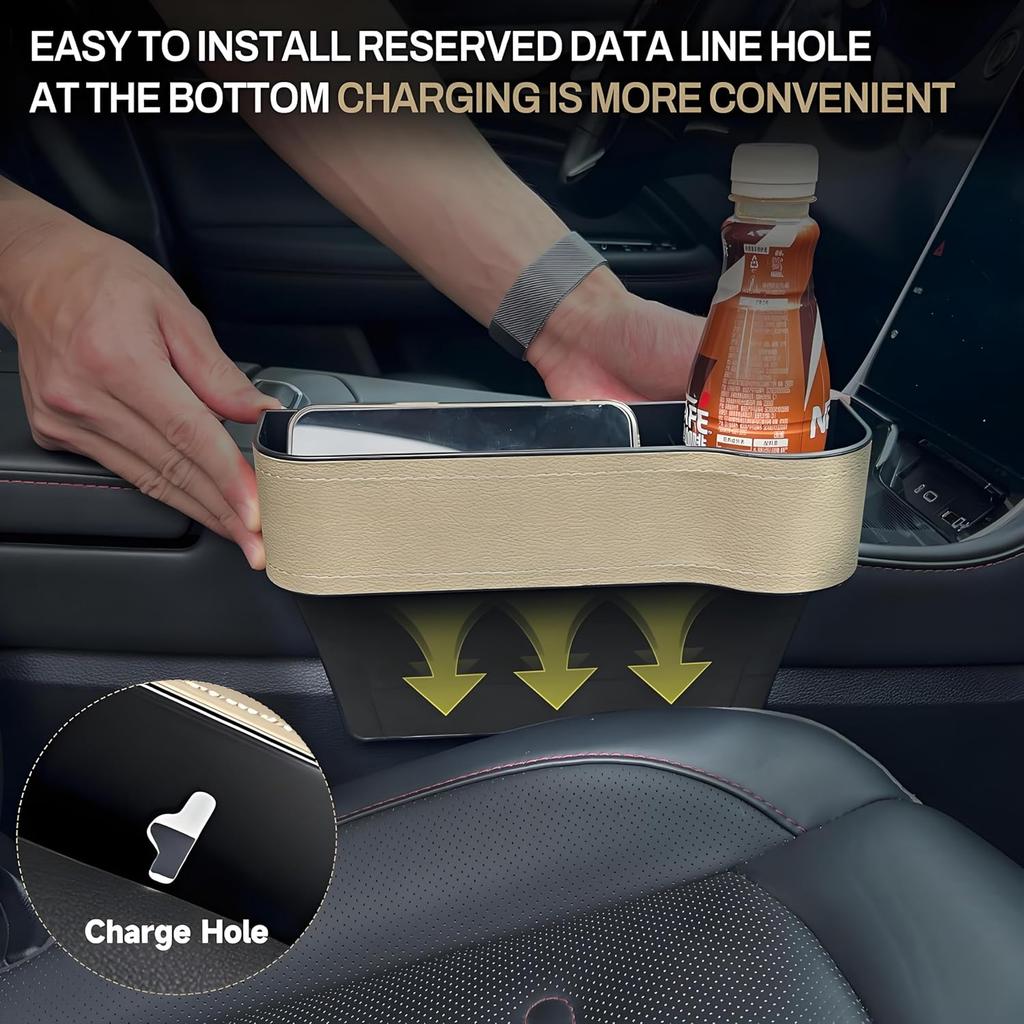 2026 Upgraded 2 PC (L+R) Premium PU Leather Car Seat Gap Filler Organizer With Cup Holder & Storage Slot/Bag– Fits Front Seat, Holds Phone,