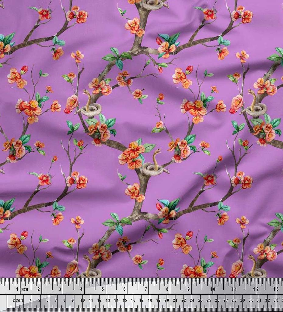 Soimoi Japonská krepová saténová látka Had, listy a květy, květinový potisk v metrech 42 palců