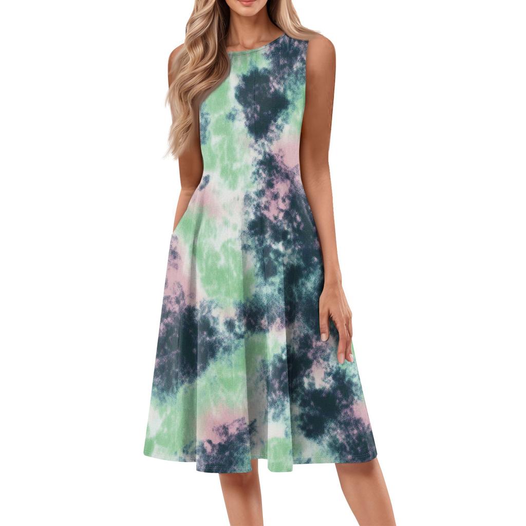 Women's Casual Fashion Tie- Printed Round Neck Sleeveless Color Midi Dress