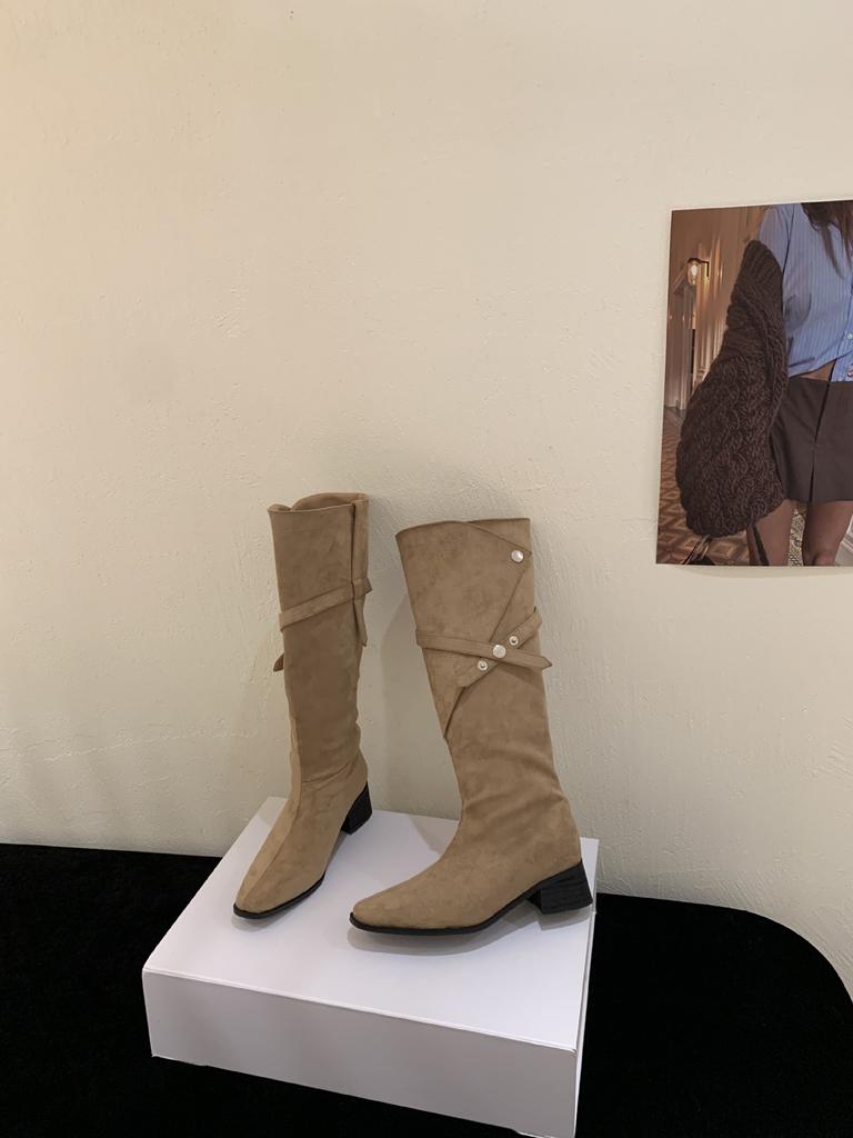 French thick heel suede piled boots women's shoes 2025 new spring and autumn winter belt buckle thin long boots