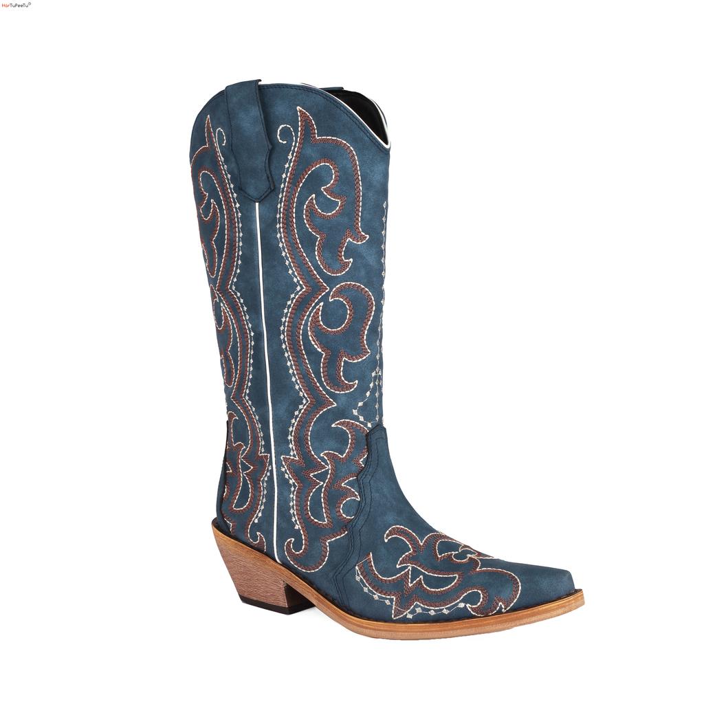 Bottes de Cowgirl pour Femmes Bleues Confortables Bottes de Cowboy Western Mollet Large Cuir Broderie Chaussures Élégantes