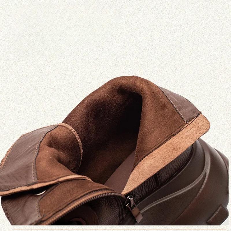 Johnature Round Toe Platform Short Boots Retro Genuine Leather Thick Soled Height Increase Women's Shoes