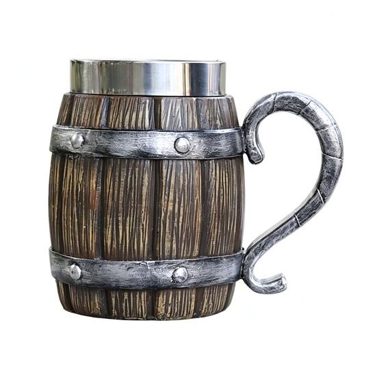 Wood Barrel Beer Mug, 600ml Stainless Steel Liner Stein, Rustic Tankard for Pub Home Bar Pub Party Gift