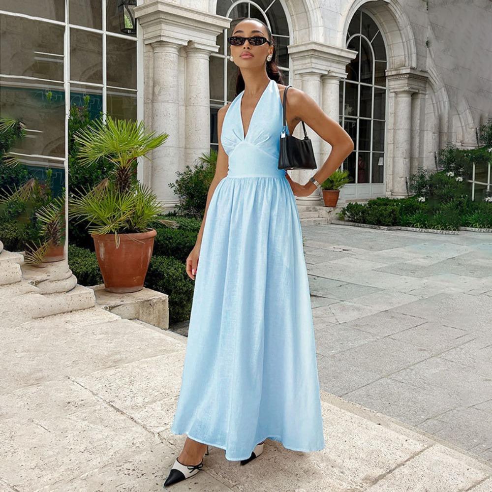 Women's Halter V Neck Sleeveless Maxi Dress Loose Fit Mid Waist Elegant Solid Color A-Line Sundress