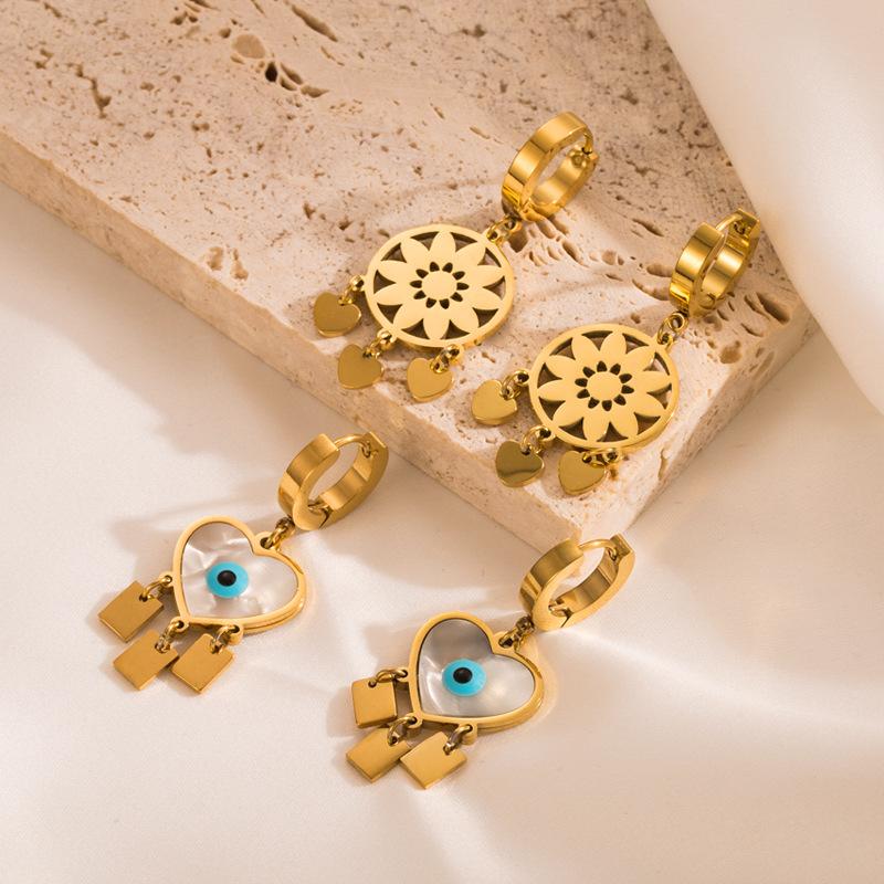 

Женские серьги-капли с круглым сердцем, глазом дьявола, из нержавеющей титановой стали, капельное масло, Ловец снов, кисточки, геометрические украшения для ушей