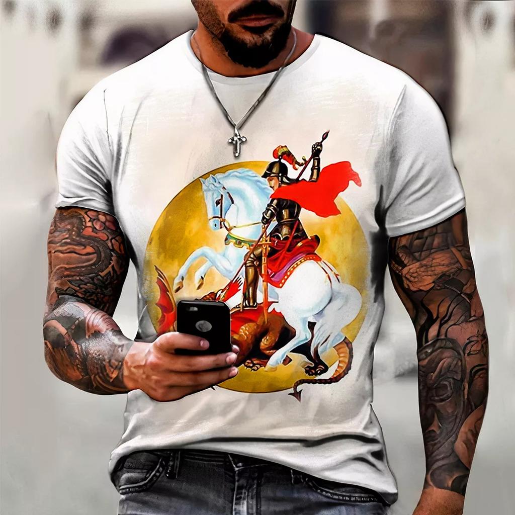 St. George Printed T-shirt Men's Fashion Street T-shirt 3D Printing Casual Round Neck Short-sleeved T-shirt Hip-hop Mens T-shirt