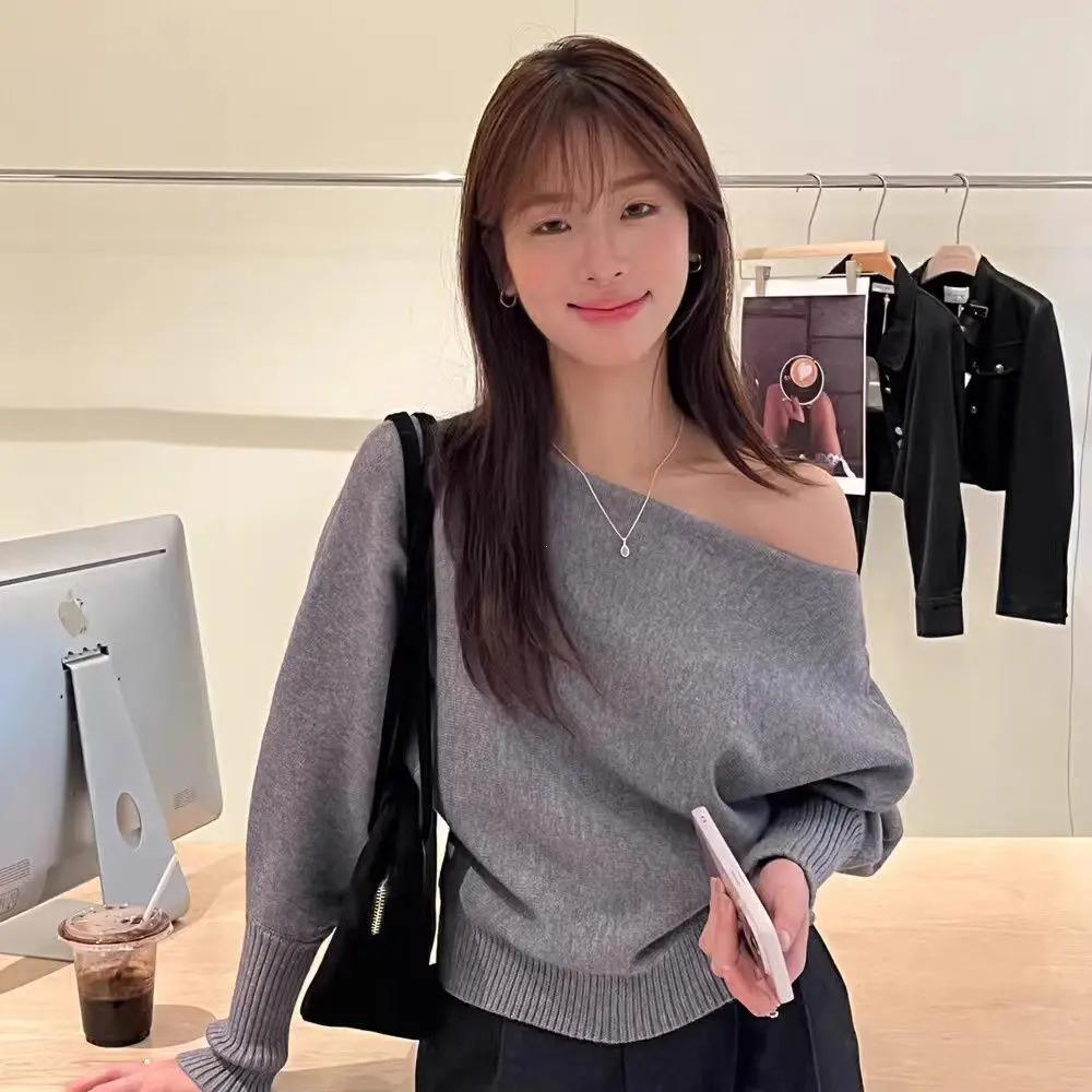 Pullover a maglia con maniche a pipistrello lunghe da donna 380g Spesso Scollo a barca Moda coreana Maglione Largo Casual Capo spalla per l'autunno Pull