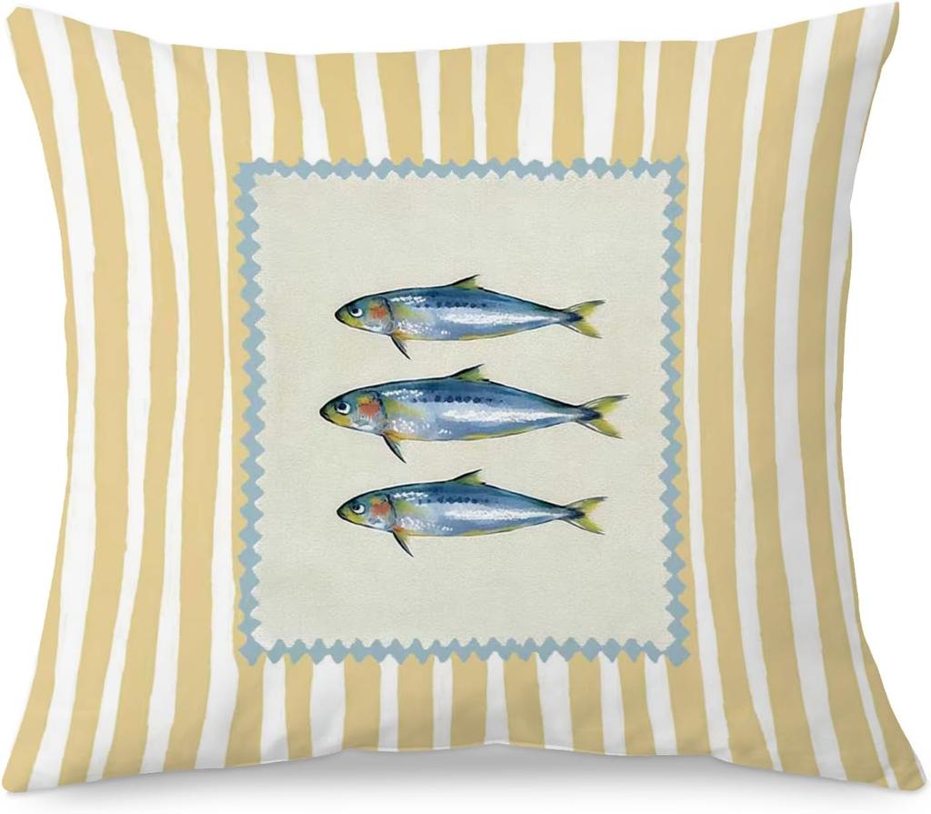 Decorative Yellow Stripe Fish Pattern Throw Pillow Cover Cushion Case Polyester Fiber Nautical Coastal Home Decor for Living Roo