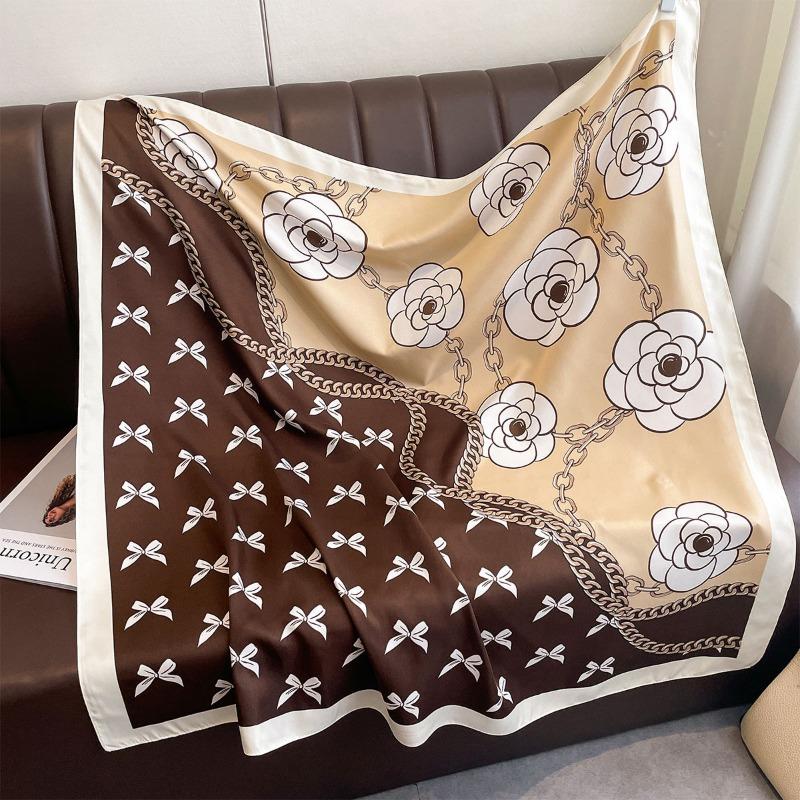 Korean Fashion Vintage Elegant Camellia Printed Square Scarf For Women