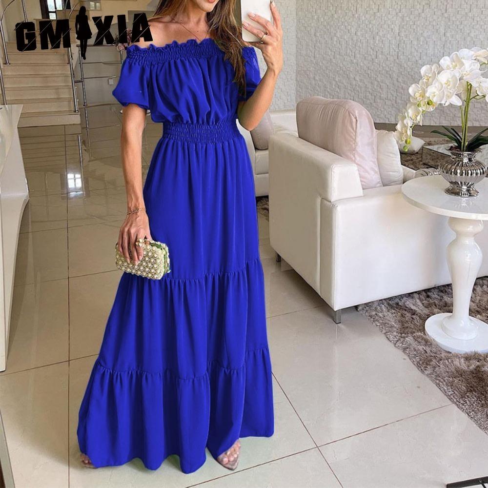 GMXIA Długa sukienka z odkrytymi plecami i elastyczną talią Popularny styl bohemy z odkrytymi ramionami
