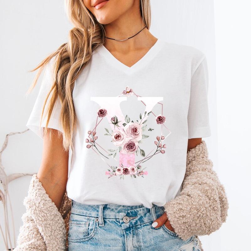 New Unisex T Shirt AZ Name Letter Print Short Sleeve Tee Letters ABCD Casual Tops Tees Floral Initial Unisexs VNeck TShirt