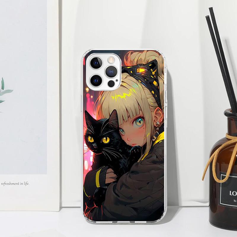 Anime Girls Cute Black Cat Phone Case For Iphone 17 Air 16 15 Plus 16E 14 Pro Max 13 Mini 12 11 7 8 SE Fundas Soft Back Cover 17