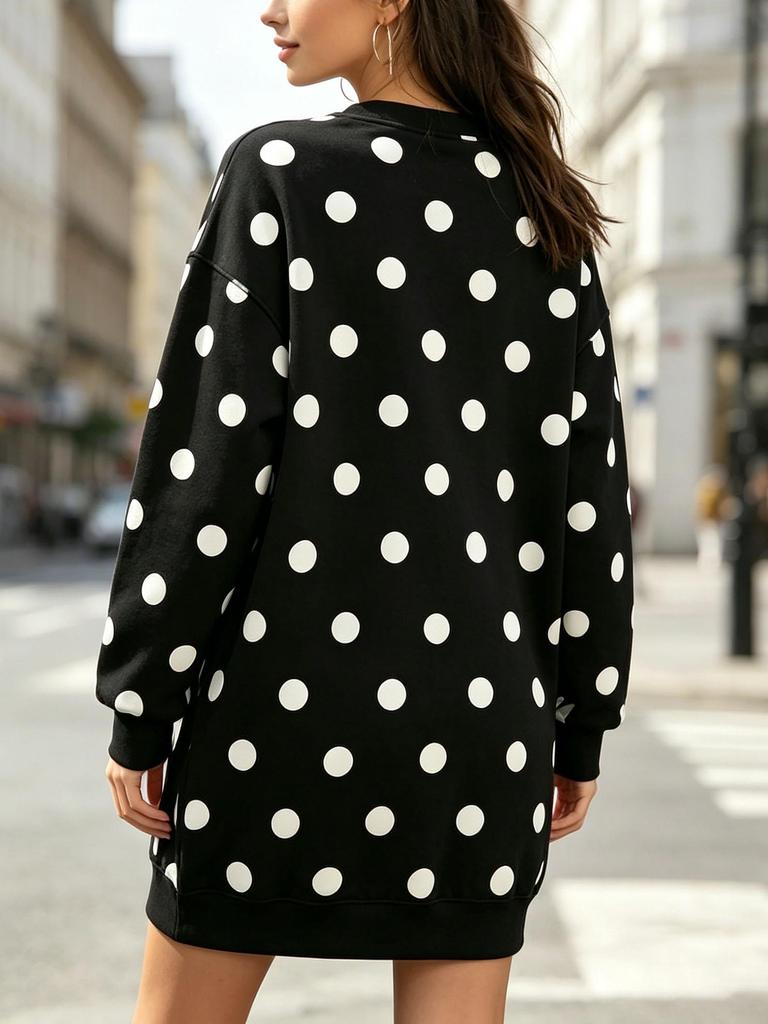 Autumn and winter dress, classic black polka dot sweatshirt dress
