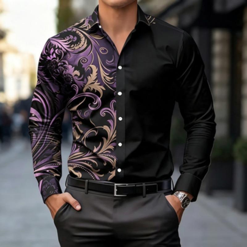 Men's long sleeved shirt light mature style single-sided totem print men's black long sleeved shirt European and American workpl