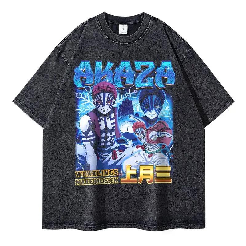Nezuko T Shirts Vintage Washed Anime Kimetsu No Yaiba T-shirt Oversized Short Sleeve Demon Slayer Mitsuri Tokitou Tops Tees Men