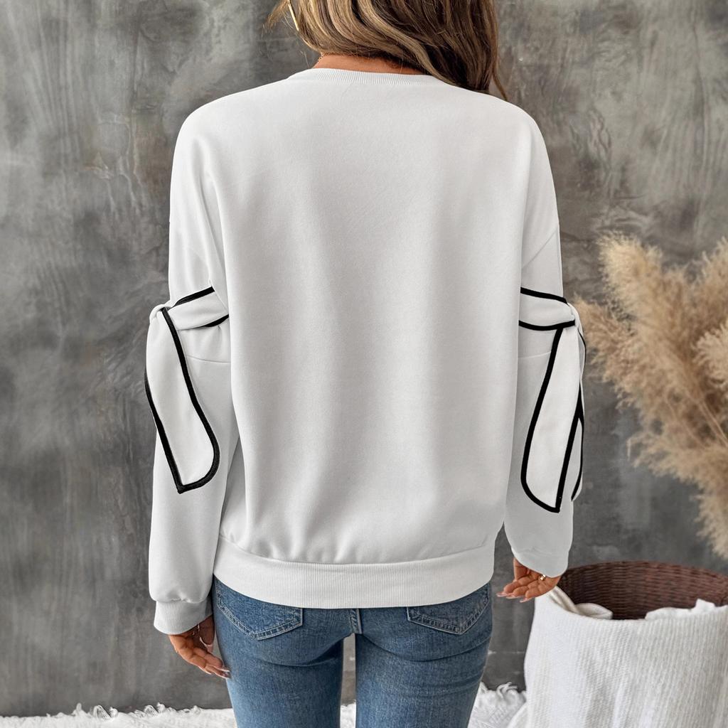 Autumn Women's New Contrast Color Three-dimensional Bow Round Neck Long-sleeved Pullover Sweatshirt