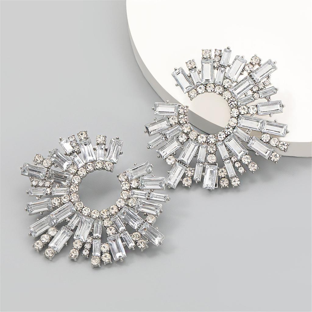 Exaggerated Crystal Flower Earring Sparkling Sunflower Earrings Colorful Large Circle Shape Stud Ear Rings Ornament