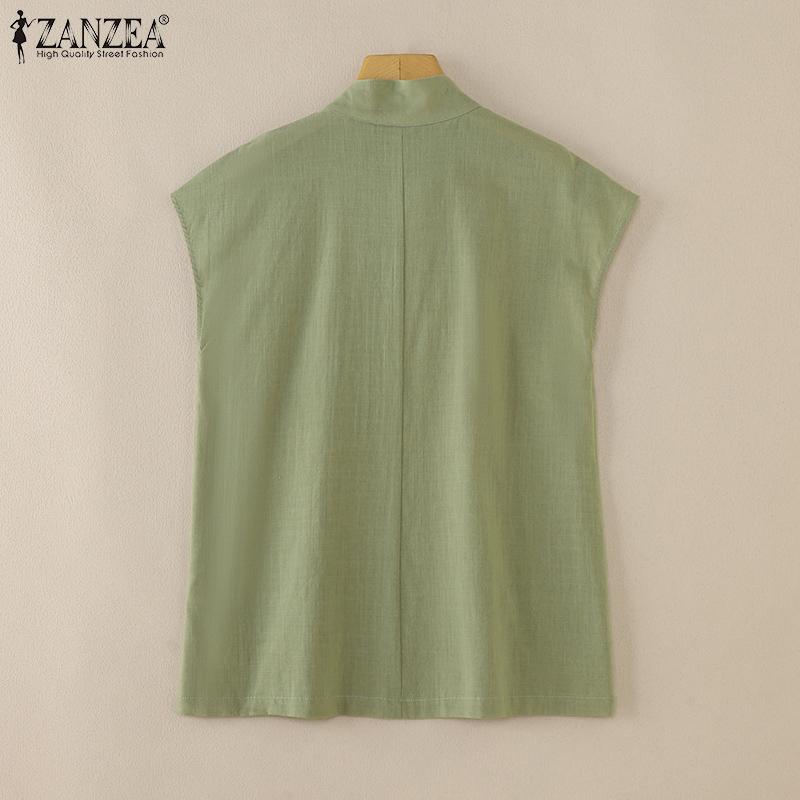 ZANZEA Women Side Button Stand Collar Summer Short Sleeve Blouse