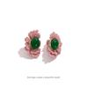 Retro Emerald Stud Earrings with Pink Flower Clips for Non-Pierced Ears - Vintage Court Style Accessories